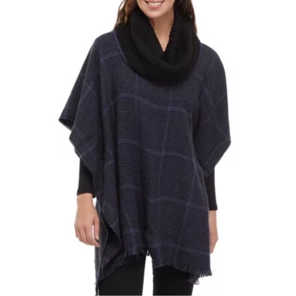 V. Fraas Houndstooth Blue Black Poncho With Knit Collar - Picture 1 of 6